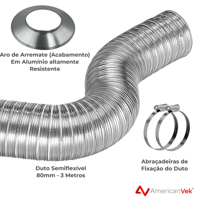 Duto Semiflexivel Alumínio + Abraçadeiras + Aro Arremate 80mm - 3 Metros