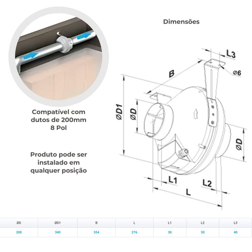 Exaustor Vents In Line Centrifugo VK200 - Vazão 780m3/h - 220V