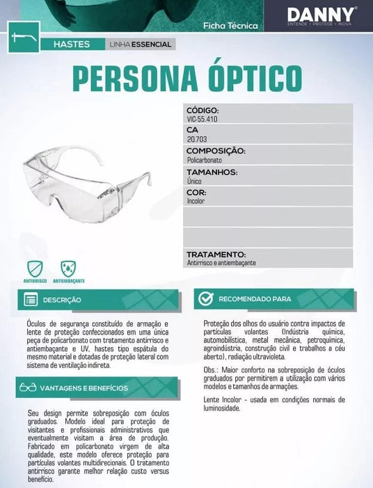 Oculos de Proteção Sobrepor EPI Antirespingo Persona Optico - CA20703